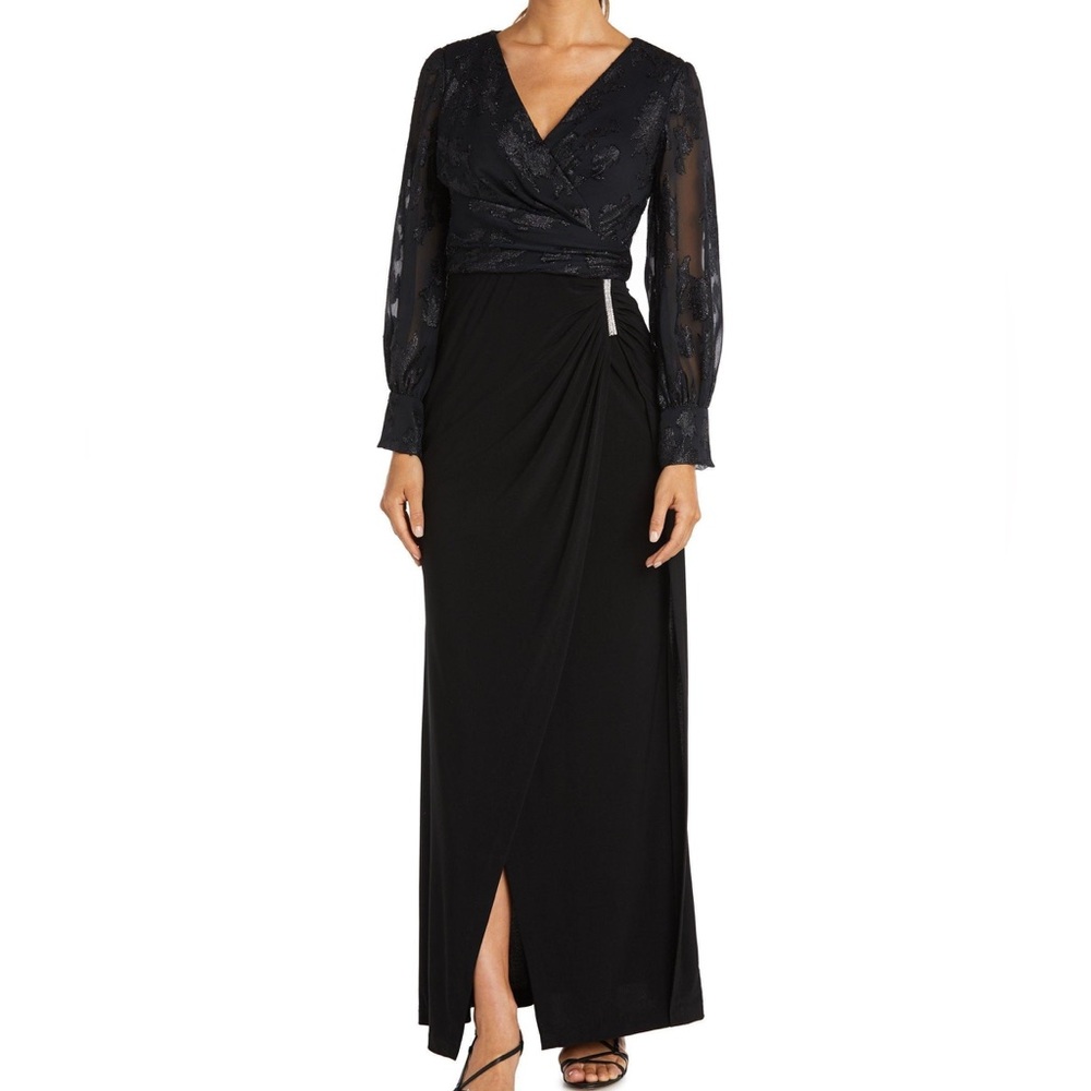 Nightway Women’s Balloon Cuff Sleeve Black Formal Gown Maxi Dress With Slit US 6